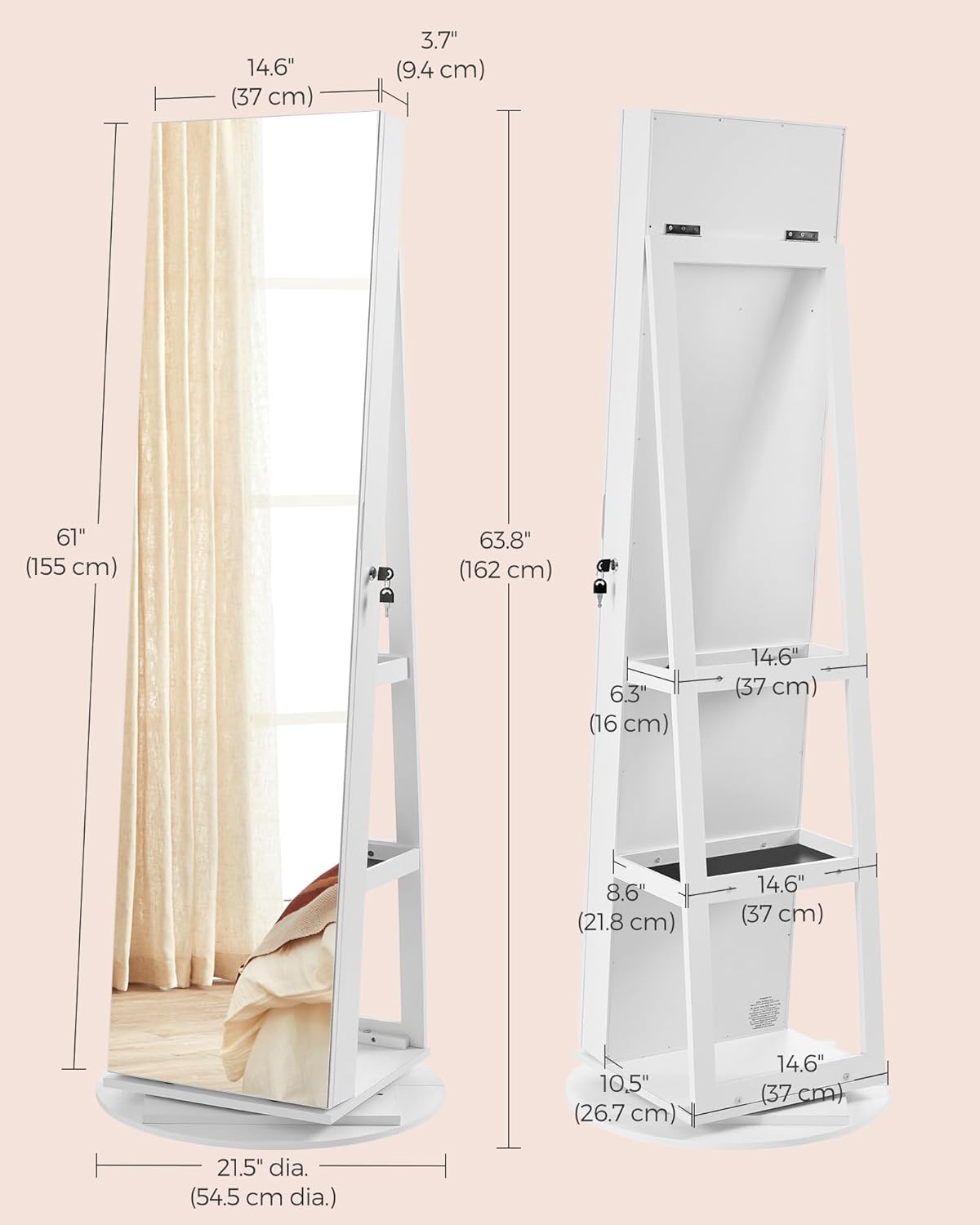 360° Spiegel met plank en sieradenopslag — Sale (155 cm x 54 cm)